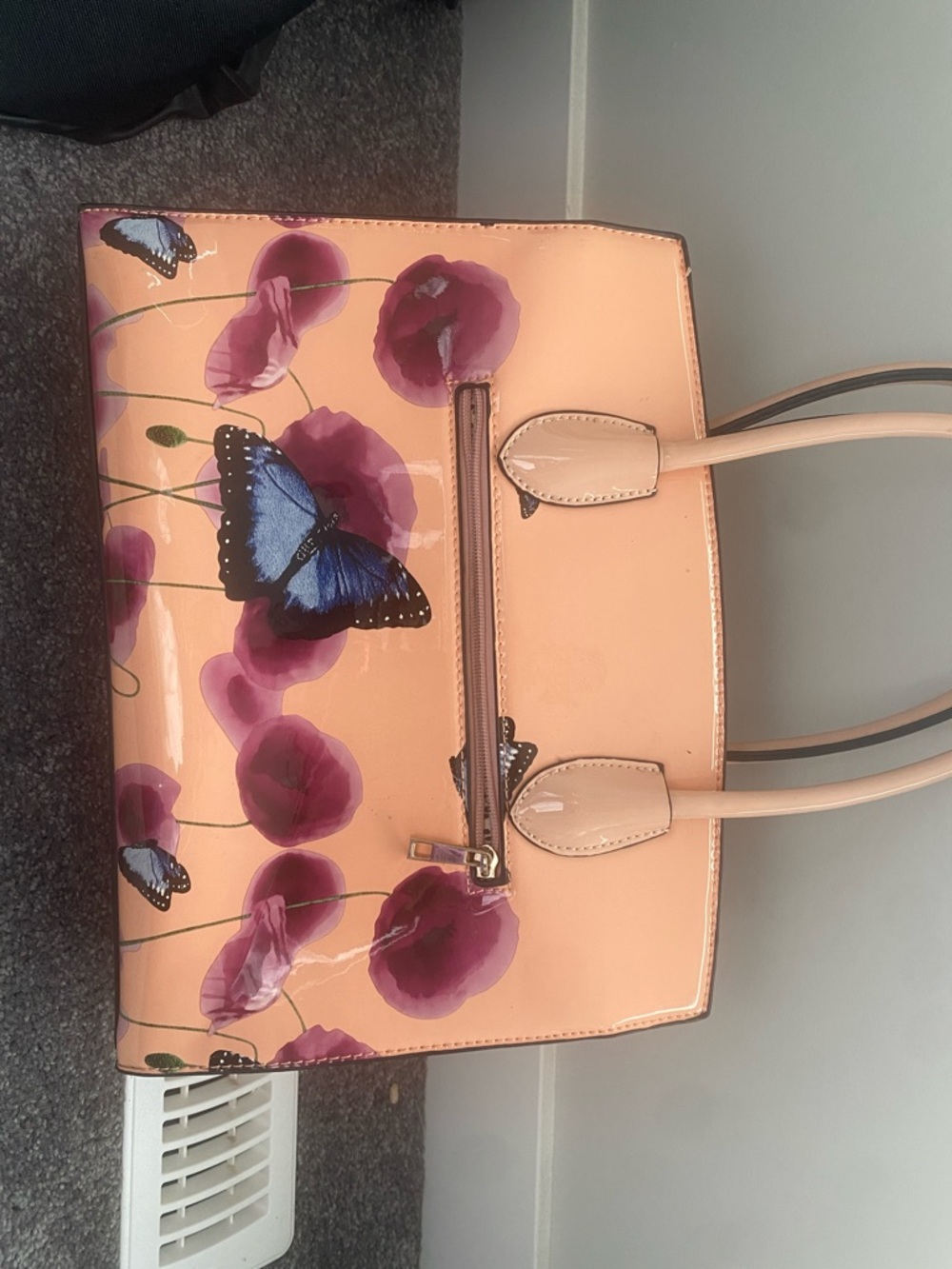 Peach Floral & Blue Butterfly Patent Tote Bag
